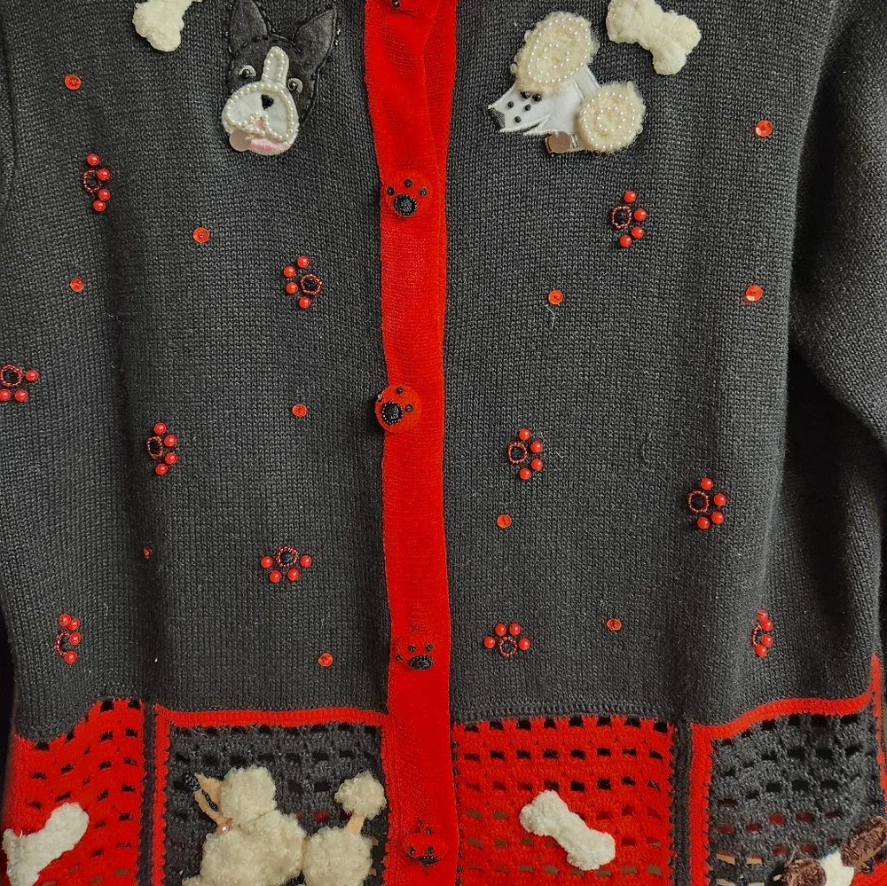 Just B, Women's Cute Black, red n white Sweater with dogs, Size Medium - Picture 2 of 7